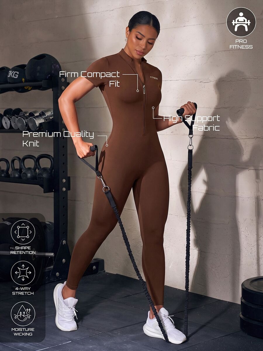 Solea Cove Bộ jumpsuit thể thao nữ tay ngắn in chữ, khóa kéo trước - Cà phê nâu - Xem 1