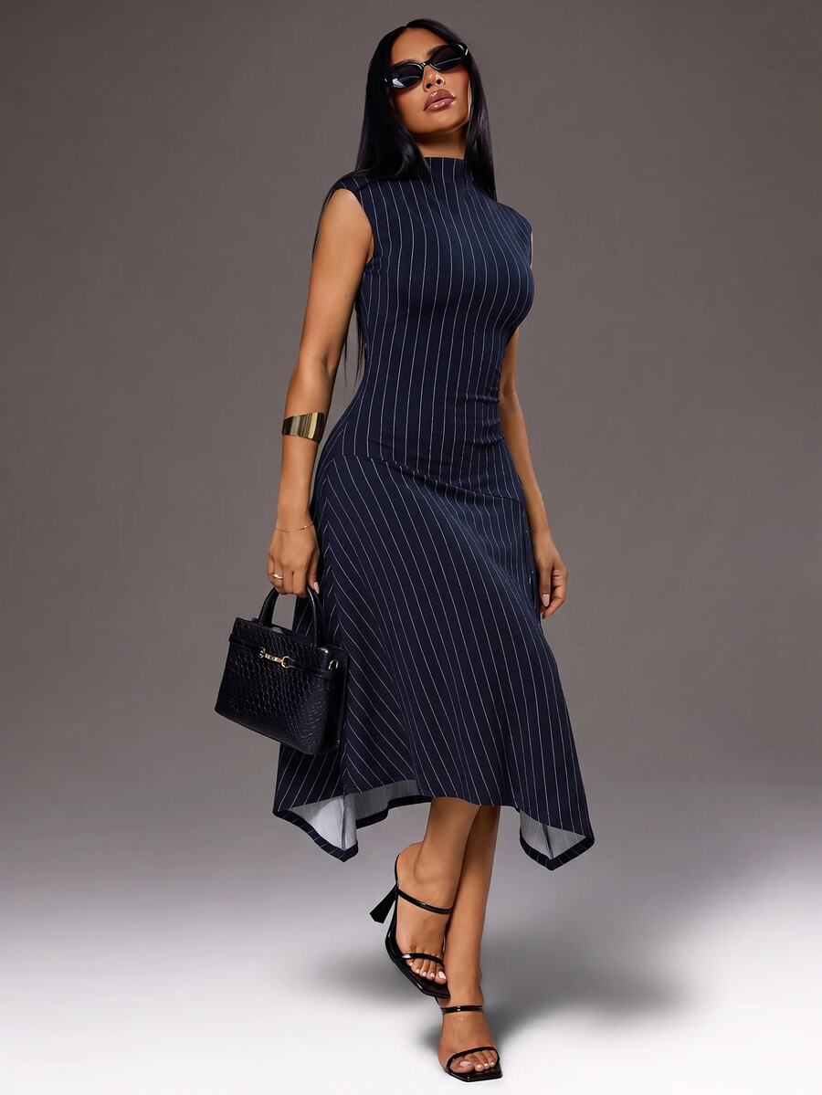 Radiana Minimalistisches modisches elegantes marineblau gestreiftes figurbetontes Kleid, asymmetrisches A-Linien-Midikleid, hoch elastisches gestricktes tailliertes Kleid, elegantes Kleid, Pendlerkleid, Arbeitsoutfit, lässiger Alltagskleidung, urbaner Stil - Blau - Übersicht 1
