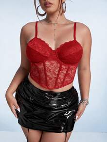 SHEIN ICON 黑色束腰大碼蕾絲細肩帶背心上衣 - 紅色 - 查看 10