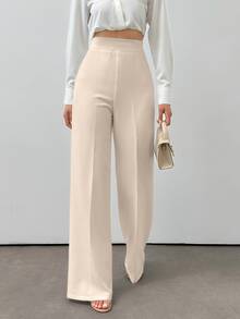 SHEIN Plus Size Women's Solid Color Casual Woven Wide Leg Pants - Beige - View 1