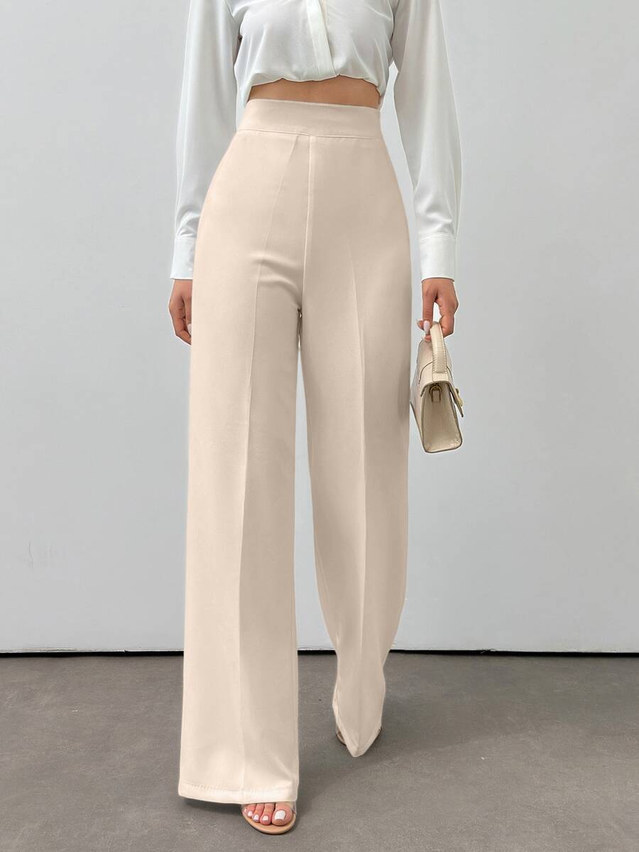 SHEIN Plus Size Women's Solid Color Casual Woven Wide Leg Pants - Beige - View 1