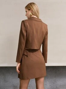 MOTF PREMIUM WOMEN'S SOLID COLOR PATCHWORK PLEATED HEM BUCKLE WAIST SKIRT - Brown - View 4