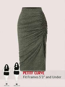 SHEIN PETITE CURVE 大尺碼休閒度假側開衩抽繩修身豹紋裙 - 橄欖綠 - 查看 1