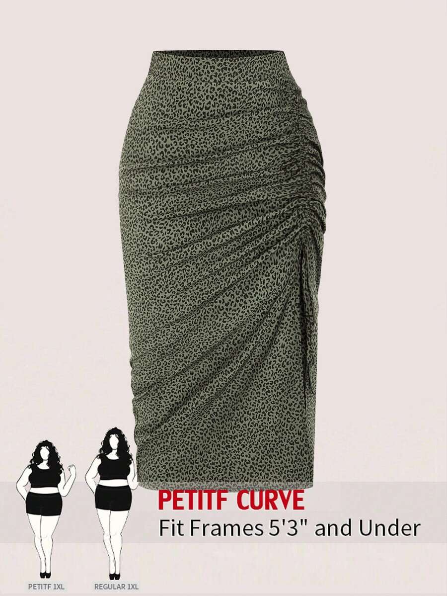 SHEIN PETITE CURVE 大尺碼休閒度假側開衩抽繩修身豹紋裙 - 橄欖綠 - 查看 1