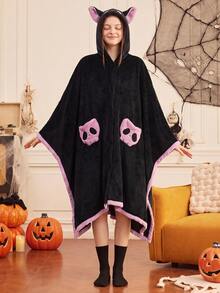 SHEIN Halloween Women's Cute Little Devil Cartoon Patchwork Flannel Hooded Cape, Home Slouchy Shawl Nap Blanket - Multicolor - View 6