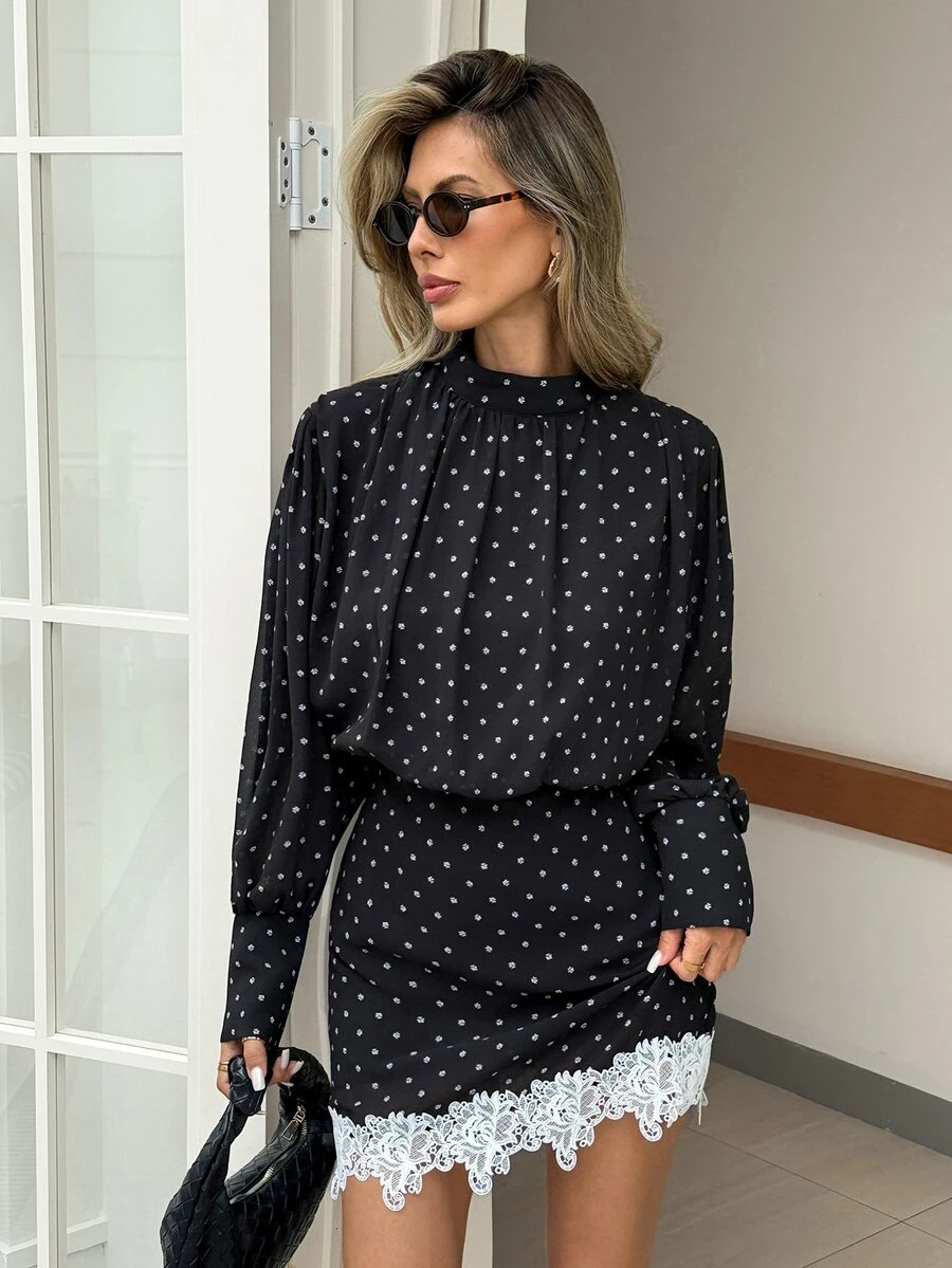 Serisse Women's Polka Dot Print Lace Patchwork Short Dress - Black - View 1