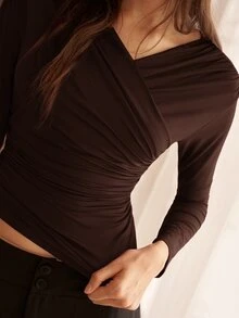 MOTF PREMIUM WOMEN'S PURPLE RUCHED T-SHIRT, FASHIONABLE COMMUTER STYLE FOR AUTUMN/WINTER - Coffee Brown - View 2