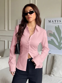SHEIN EZwear 100%純棉粉色女款休閒百搭款前開鈕扣後收腰修身長袖襯衫，適合秋冬穿著 - 淺粉色 - 查看 7