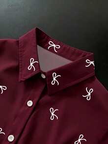 Resyla Plus Size Women's Bow Pattern Short Sleeve Single-Breasted Casual Shirt - Multicolor - View 3