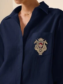 Briarwyn Women's Cartoon Bear Pattern Long Sleeve Single-Breasted Casual Pocket Shirt - Navy Blue - View 2