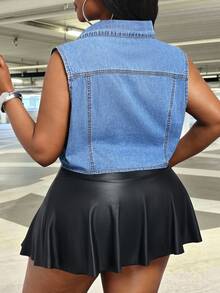 SHEIN CURVE+ Atasan Tanpa Lengan Warna Biru Non-Stretch untuk Wanita Ukuran Plus (Cowgirl Outfit) - Light Wash - View 2