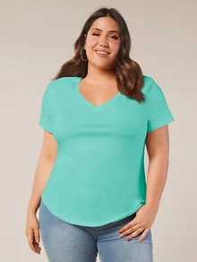 SHEIN BASICS 大尺碼純色V領T恤夏季上衣 - 薄荷綠 - 查看 5