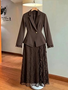 GlowEve CURVE Plus Size Women's Woven Regular Fit Autumn/Winter Elegant Commute Date Lady Professional Metal Square Buckle Cuff Lace Blazer And Side Ruffle Lace Skirt 2-Piece Set In Chocolate Brown - Chocolate Brown - View 4