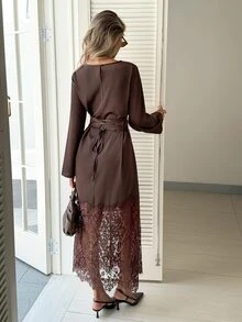 Serisse Women's Lace Patchwork Casual Party Midi Dress - Brown - View 2