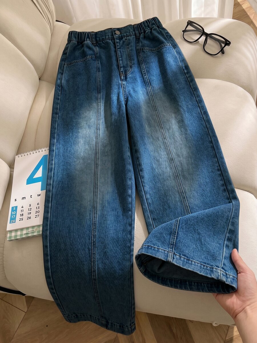 SHEIN 青少年女孩牛仔寬腿褲,夏季新款經典復古深藍色水洗,半彈性腰頭,穿著舒適,直筒寬鬆寬腿版型,適合度假、日常通勤、校園穿搭、週末出遊 - 中等水洗藍 - 查看 1