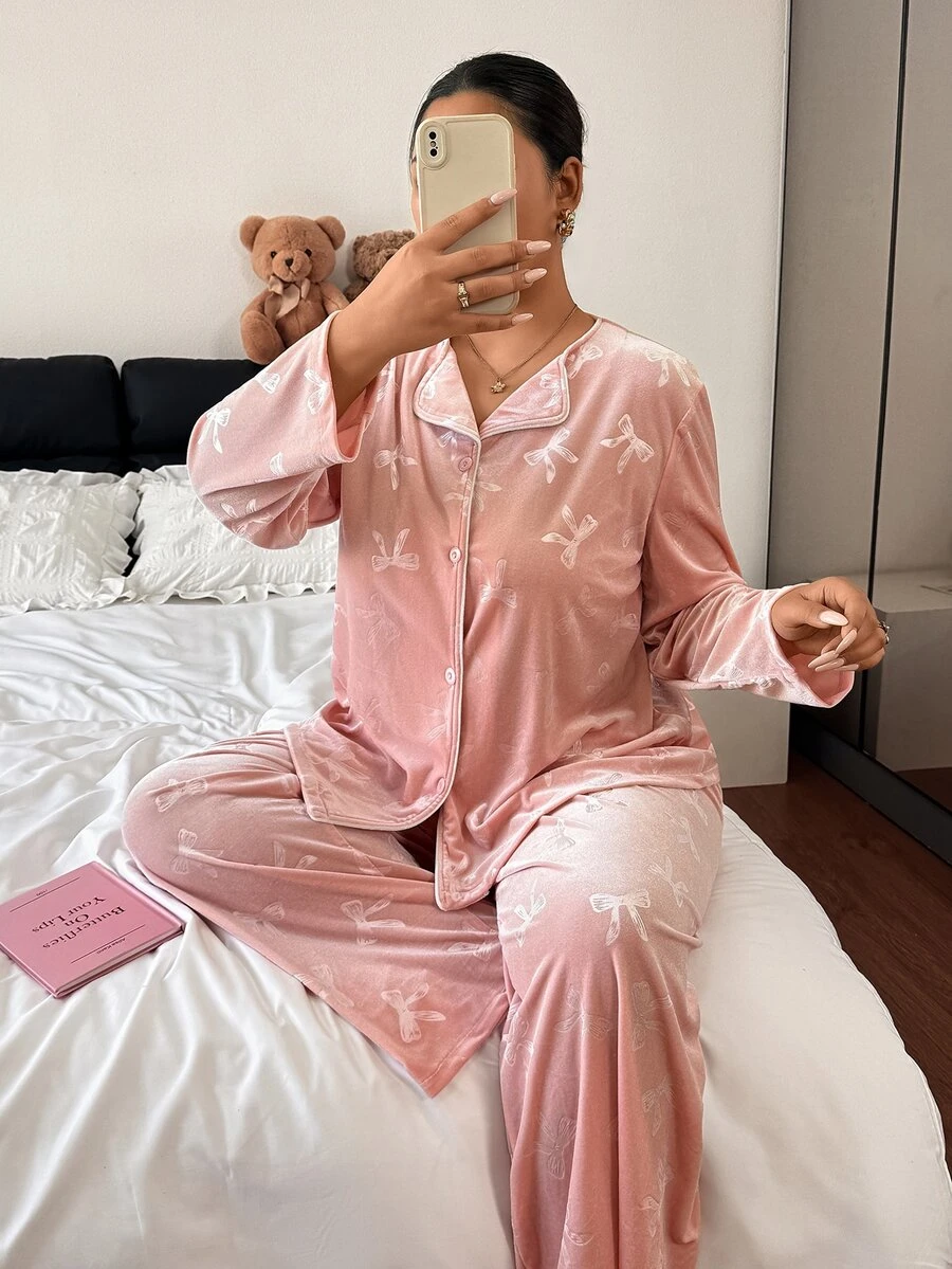 Napfluff CURVE Napfluff CURVE Plus Size Women's Embossed Gold Velvet Pajama Set - Pink - View 1