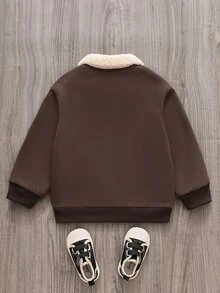 Boys' Fur Collar Polo Long Sleeve Sweatshirt, Front Slogan Print Casual College Style, Half-Button Front, Soft And Comfortable Fabric, Suitable For Autumn/Winter, Perfect For Boys' Daily Wear - Brown - View 2