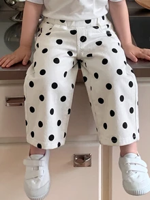 女嬰秋冬 Y2K 時尚純棉波點白色牛仔褲，鬆緊腰寬鬆牛仔褲，適合日常穿著、街頭風與聖誕節 - 白色 - 查看 1