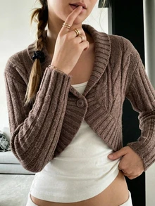 IslaSuriya Brown Cable Knit French Vintage Casual Style Daily Commute Single Button Short Cardigan - Brown - View 5