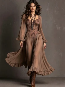 Glimmora Gaun Panjang Polos Bergaya Vintage untuk Wanita Musim Gugur/Dingin, dengan Hiasan Ruffle di Bagian Bawah dan Tali Jala di Belakang. - Coklat - View 2