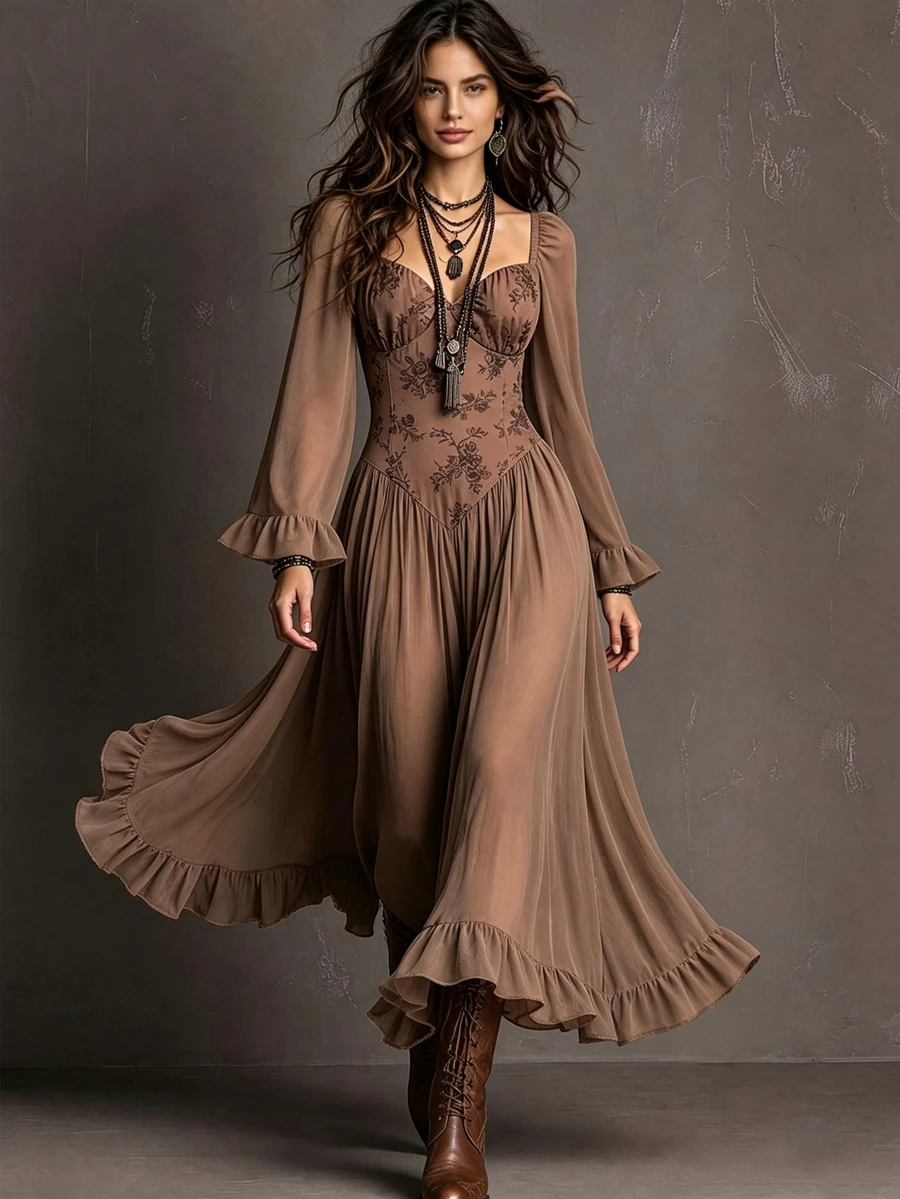 Glimmora Autumn/Winter Women's Fashion Vintage Ruffle Hem Mesh Back Tie Bow Long Solid Color Dress - Brown - View 1