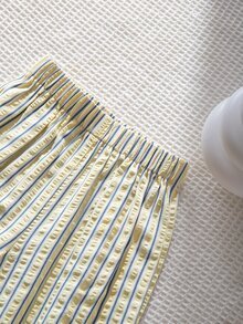 SHEIN 少女休閒粉色長褲 鬆緊腰抽繩褲 條紋款與圓點款 軟萌女孩風格下身褲 - 芥末黃 - 查看 3