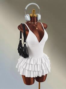 Amplova Ruffle Trim Backless Spaghetti Strap Sports Romper - White - View 3