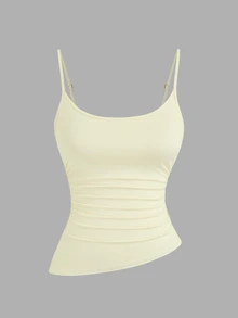 Sweetra Plus Size Solid Color Minimalist Camisole Tank Top & Asymmetrical Top Vacation 2 Pieces Set - Pale Yellow - View 3