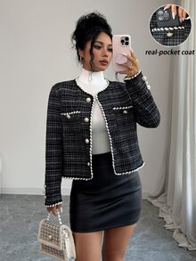 SHEIN Elenzya Women's Classic Black & White Tweed Faux Pearl Button Long Sleeve Commuter Jacket - Black - View 5