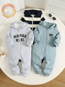 SHEIN 男嬰卡通熊貼布連帽長袖連身衣 3件套 - 彩色 - 查看 4