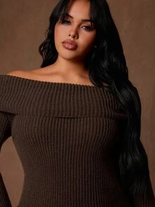 Rustia Plus Size Vintage Streetwear Off-Shoulder Long Sleeve Sweater Fall - Black - View 1