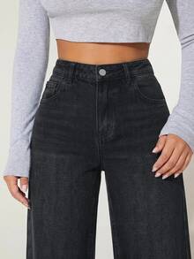 SHEIN PETITE 女款高腰口袋寬腿寬鬆休閒牛仔褲秋季服飾 - 黑色 - 查看 6