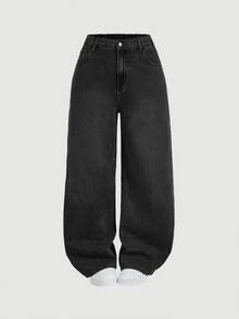 SHEIN CURVE+ 大尺碼休閒水洗寬鬆牛仔褲 - 黑色 - 查看 6