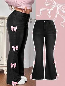 SHEIN MOD Celana Jeans Flare Kasual Wanita Ukuran Plus dengan Hiasan Pita untuk Sehari-hari - Hitam - View 1