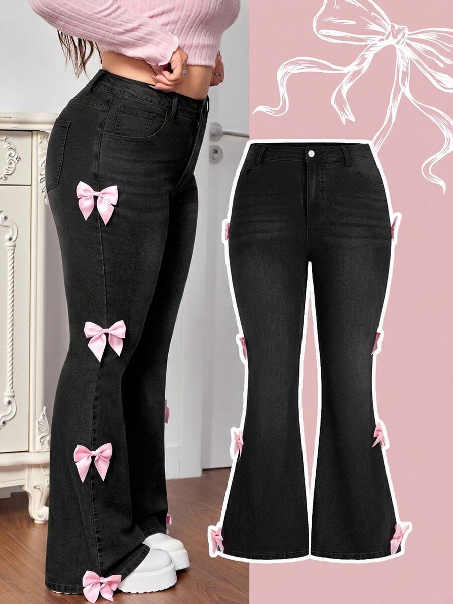 SHEIN MOD Celana Jeans Flare Kasual Wanita Ukuran Plus dengan Hiasan Pita untuk Sehari-hari - Hitam - View 1