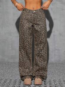 SHEIN CURVE+ Festival Plus Size Women's Leopard Print Non-Stretch Straight Leg Denim Pants - Apricot - View 4
