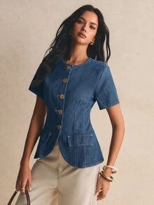 Poéselle Women's Round Neck Metal Single-Breasted Short Sleeve Denim Top - Medium Wash - View 5