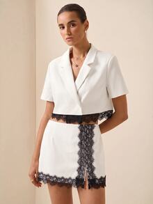 Briarwyn Women's French Lace Patchwork Button Jacket And Slit Mini Skirt 2 Pieces Set - White - View 6