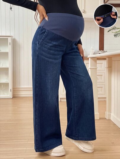 SHEIN Maternity Adjustable Waistband Pocket Wide Leg Casual Denim Jeans Autumn Outfits For Women Cowgirl Outfits For Women