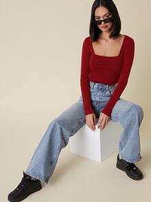 SHEIN BASICS 女款休閒純色方領修身短袖上衣 酒紅色 日常約會秋季穿搭 - 酒紅色 - 查看 3