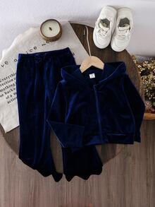 SHEIN Vintaside Kids 女童天鵝絨連帽長袖外套與長褲套裝，適合秋冬，時尚百搭，穿著舒適 - 藏蓝色 - 查看 1