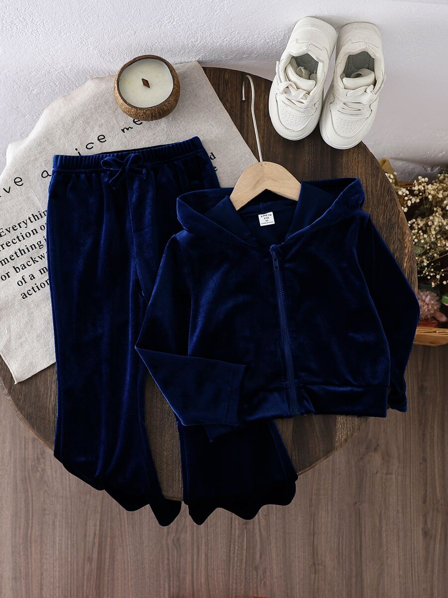 SHEIN Vintaside Kids 女童天鵝絨連帽長袖外套與長褲套裝,適合秋冬,時尚百搭,穿著舒適 - 藏蓝色 - 查看 1