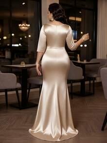 SHEIN Lady Plus Size Elegant Satin Pleated Front Slit Dress Fall - Gold - View 2