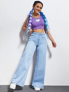 Jeanoix Petite Celana Panjang Wanita Gaya Y2K untuk Aktivitas Luar Ruangan, Model Petite, Warna Biru, Potongan Lebar, Cocok untuk Semua Musim, dengan Detail Usang dan Potongan Rapi. - Light Wash - View 3
