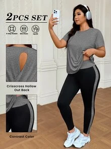 SHEIN Rhythm Era 大尺碼女款圓領短袖T恤與高腰運動緊身褲套裝 - 彩色 - 查看 1