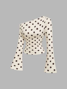 Sweetra Women's Elegant & Fashionable Polka Dot Design Comfortable Milk Silk 2 Pieces Set - Coffee Brown - View 4