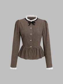 Sweetra Vintage French Houndstooth Jacquard Wool Short Jacket With Ruffle Hem, Feminine Girl Style, Cinched Waist, Puff Sleeves, Delicate White Embroidered Lace Trim, Velvet Bow Decor, Classic Versatile For Dates, Outings And Light Office Commute, Women's Woolen - Mocha Brown - View 1