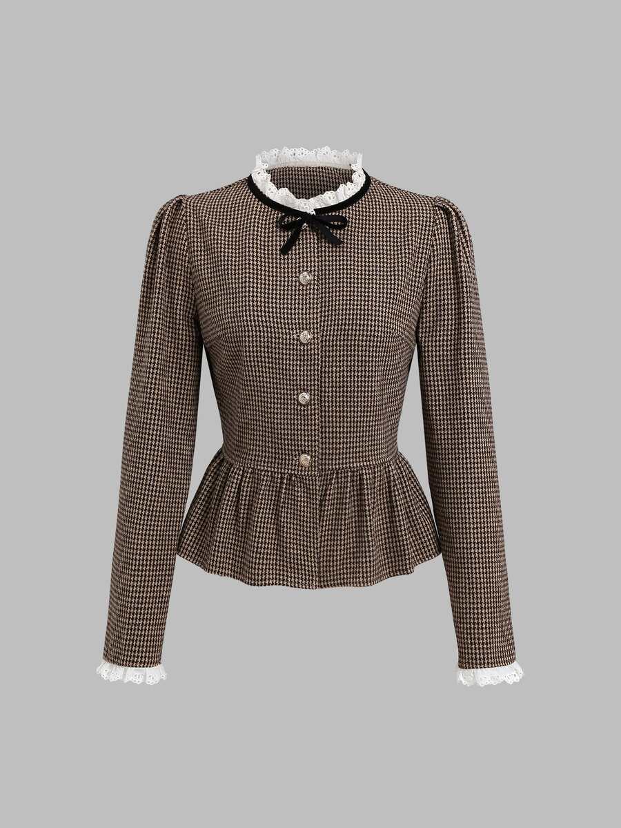 Sweetra Vintage French Houndstooth Jacquard Wool Short Jacket With Ruffle Hem, Feminine Girl Style, Cinched Waist, Puff Sleeves, Delicate White Embroidered Lace Trim, Velvet Bow Decor, Classic Versatile For Dates, Outings And Light Office Commute, Women's Woolen - Mocha Brown - View 1