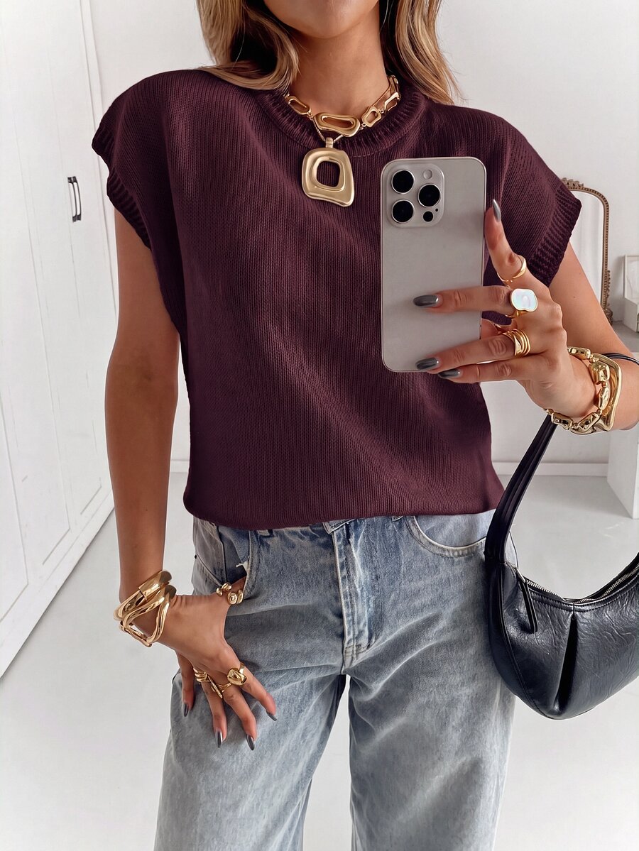 Siren Gaze Women's Solid Color Casual Versatile Daily Knit Top - Burgundy - View 1