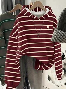 SHEIN 青少年女孩秋冬新款粉色與棕色條紋寬鬆運動衫 - 紅色 - 查看 5